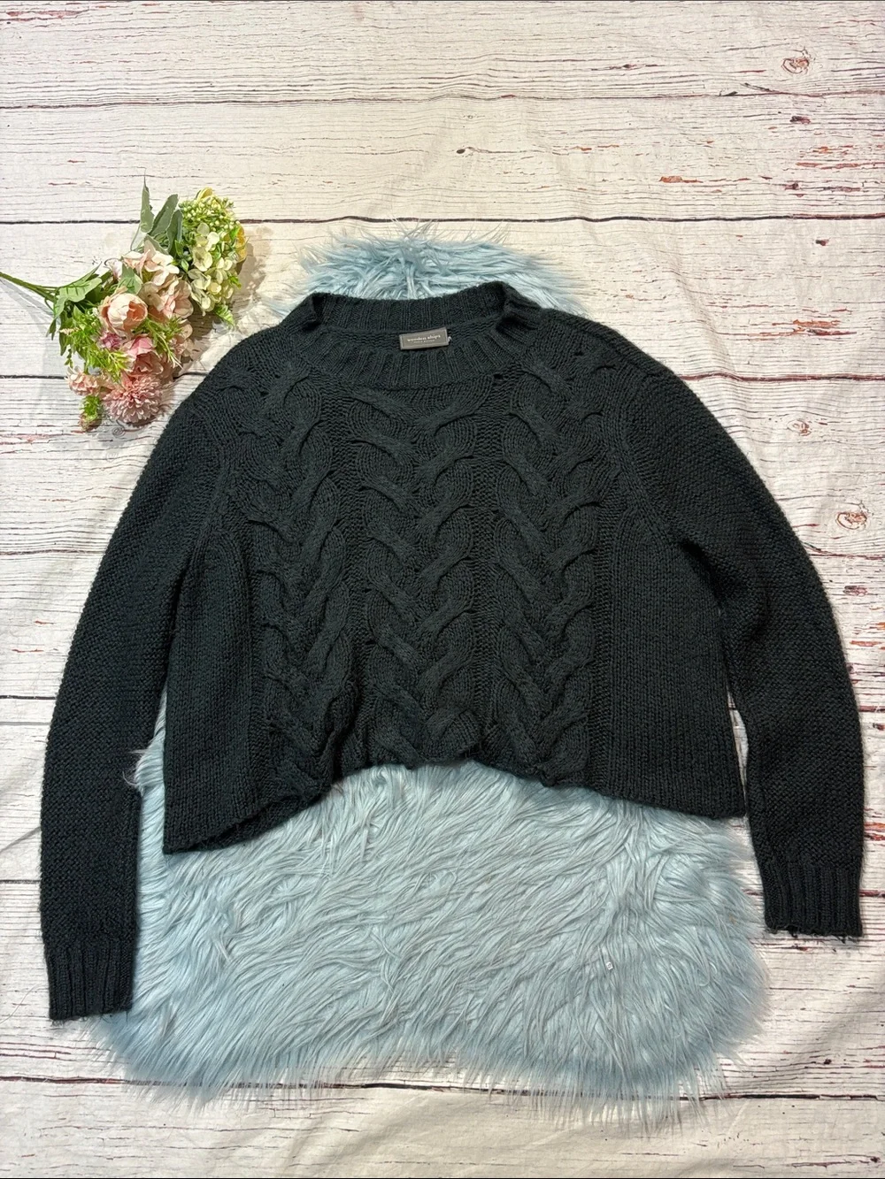 Wooden Ships Black Cropped Wide Cable Knit Mohair Wool Blend Sweater